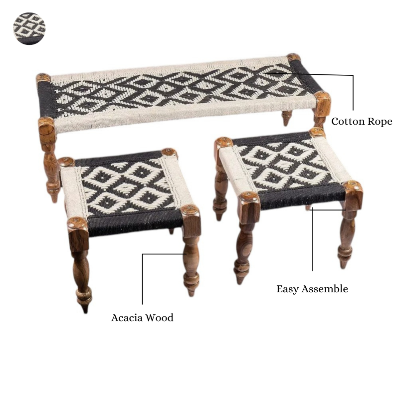 Cotton Rope Bench with Stool Set of 3 (Multi Purpose)